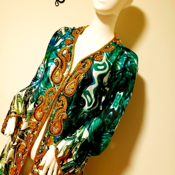 *LAST ONE**MANISH VAID- Silk Turquoise Emb.Pucci Island Prt. Kimono-NWT M - Picture 8 of 15